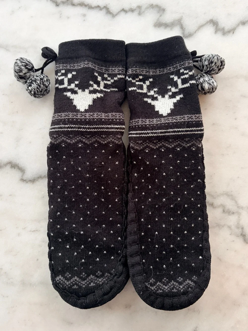 Cozy Black & White Reindeer Knit Slipper Socks
